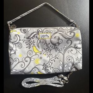 JuJuBe Be Quick Wristlet Crossbody Bag Gray Floral Birds Yellow - w/ Strap